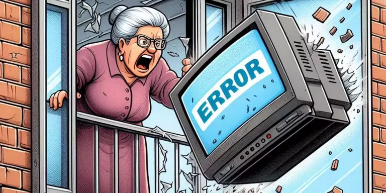 Seniorin wirft einen Computer-Bildschirm aus dem Fenster. Auf dem Bildschirm steht: Error - Fehler. (Foto: KI)
