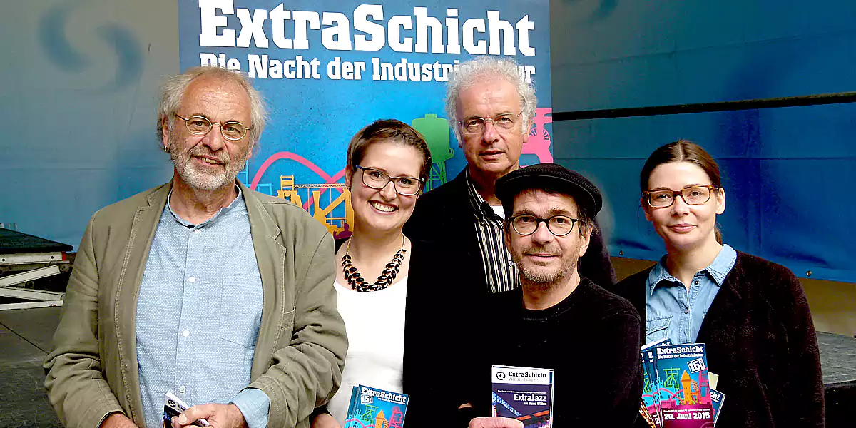 Hans-Werner Tata vom Kulturforum Witten (v.l.), Johanna Kuhlmann von der Ruhr Tourismus, Klangkünstler von der Ruhr Richard Ortmann, Nancy Schumacher M.A., Mitorganisatorin Zeche Nachtigall. (Foto: Marek Schirmer)